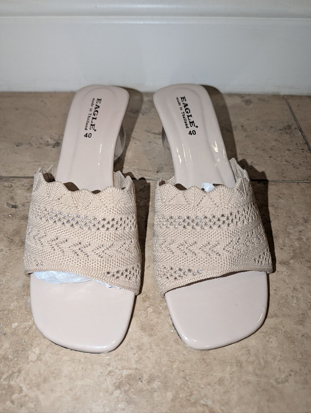 Y2K Clear Orb Heel Square Toe Slides - Beige Crochet Knit Sandals - Size 40